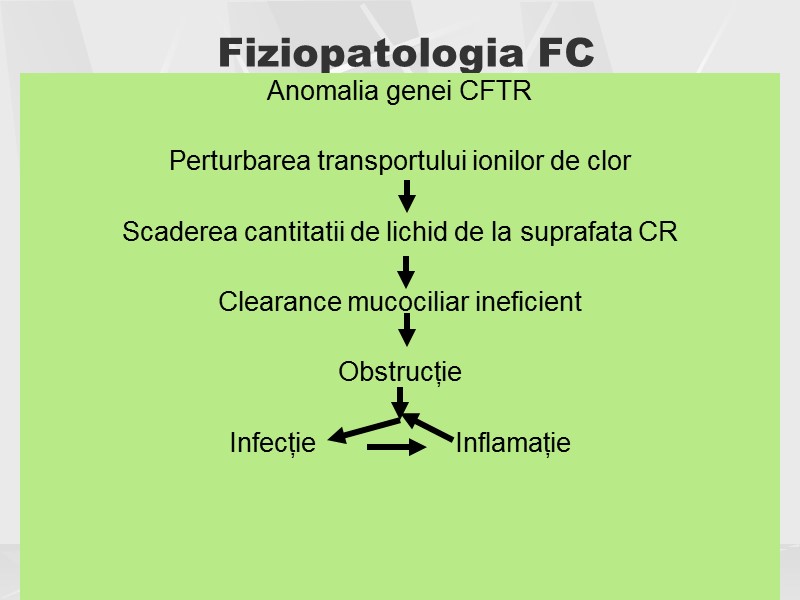 Fiziopatologia FC Anomalia genei CFTR  Perturbarea transportului ionilor de clor  Scaderea cantitatii
